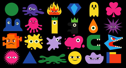 Vibrant collection of colorful cartoon monsters, quirky characters, and bold geometric shapes for modern graphic design