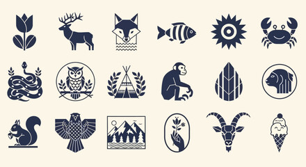 Diverse collection of modern geometric icons featuring wildlife animals, forest elements, and nature symbols for branding and logo design