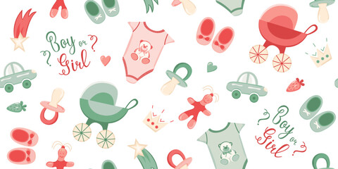 Seamless pattern for a baby gender reveal party. Modern design featuring pacifiers, strollers, and toys.