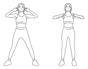 Line art illustration of a woman doing standing crunches and shoulder exercises.