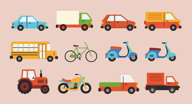 Fototapeta Diverse collection of colorful land transportation icons, featuring cars, trucks, a bus, and two-wheeled vehicles in a flat design style