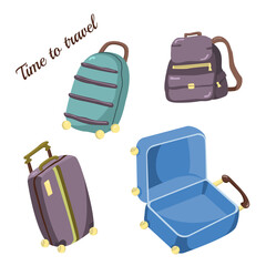 Vector set of suitcases and backpacks. Tourism, adventure and travel concept.