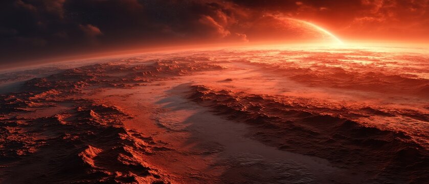 Dramatic Wide Angle of Red Planet Surface with Rising Sun and Dark Clouds in Space Landscape