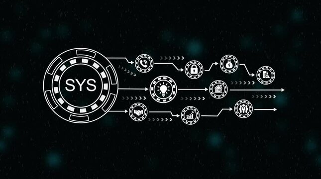 Futuristic system network data flow analysis with S Y S logo and digital arrows moving forward on dark background with bokeh lights