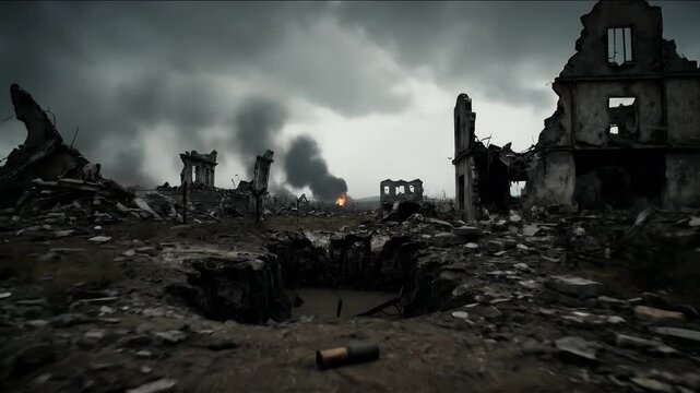 War-Torn Landscape: Destruction and Ruins Under a Stormy Sky