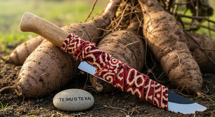 Harvest knife lying beside yam roots with blade wrapped in cloth, respect before cutting  