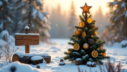 Rustic Christmas Tree Decorated with Orange Slices in Snowy Winter Forest | Holiday Wilderness and Natural Decoration