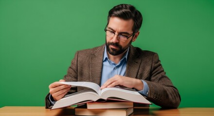 Man with glasses reading book. Professor or student learning on green screen chromakey background. Knowledge and education concept.