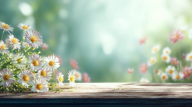 Close up of delicate white daisy flowers and a rustic wooden surface with a soft bokeh background