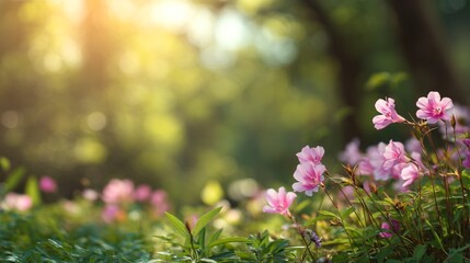 Obraz premium Delicate pink wildflowers bloom in soft sunlight with a blurred green forest background