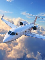 Fototapeta premium Private jet in flight over clouds aerial view luxury travel concept wealth lifestyle flying high angle view