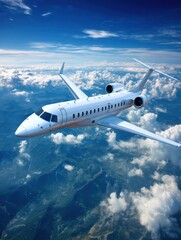 Naklejka premium Private jet flying high above clouds aerial perspective luxury travel concept transportation business aviation