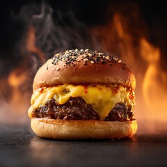 Gourmet Burger Ablaze - Sizzling Cheese, Sesame Bun, and Smoky Flames.