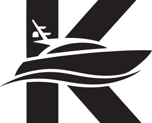 Monogram letter k with a sleek yacht silhouette and water wave symbolizing luxury nautical travel and maritime lifestyle isolated on transparent background
