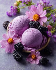 Obraz premium Lavender ice cream scoops with blackberries and cosmos flowers, close-up studio shot, summer dessert, purple tones, refreshing treat, sweet snack