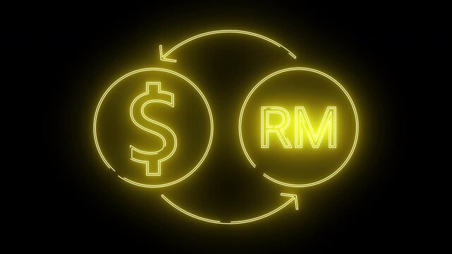 A yellow neon currency exchange sign depicting a dollar and ringgit symbol with curved arrows