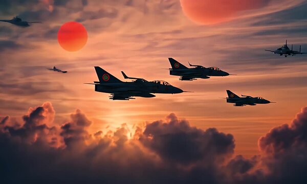 Silhouette of military fighter jets flying over clouds in an alien world with two suns sci-fi concept video animation.