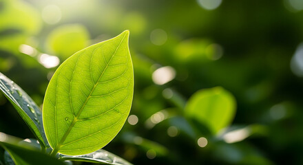 Close up of a vibrant green leaf with visible veins against a blurred green background in soft sunlight