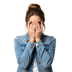 Young woman covering her face with hands wearing a denim jacket isolated on white background expressing stress or anxiety