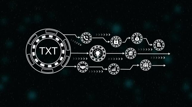 Digital data processing abstract concept with T X T text symbol and outgoing arrows on dark background with bokeh lights