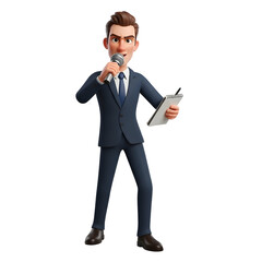 Confident 3D businessman giving a presentation holding a microphone and clipboard isolated on white background