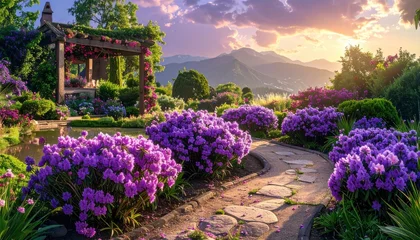 Fototapete Mädchenzimmer Enchanting Garden Path with Purple Flowers and Mountain View.  © yuyun