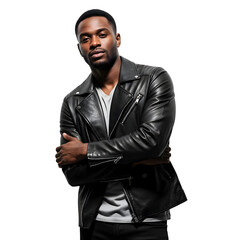 Confident African American man in a leather jacket arms crossed isolated on a white background perfect for fashion or lifestyle advertising