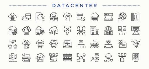 Data Center icon set. Server thin ui icons. Line icons with editable stroke. Cloud Data icon. Vector illustration.