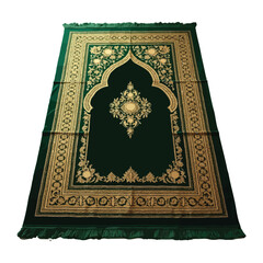 Green and Gold Islamic Prayer Rug with Intricate Arabic Designs