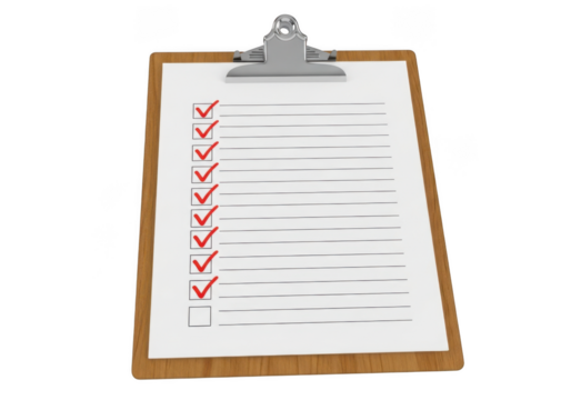 Clipboard checklist with red checkmarks, blank lines, and one empty box for task management, isolated on transparent background