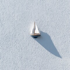 Miniature Sailboat Ornament Casting Long Shadow on Textured Blue Wall.