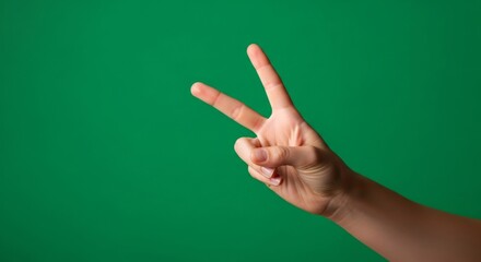 Woman hand showing victory or peace gesture with two fingers up. Chroma key green screen background for digital compositing.