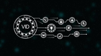 Digital data flow abstract animation with V I D chip and arrows on dark background with bokeh effects - Powered by Adobe