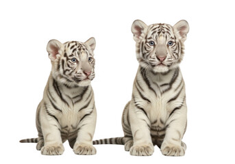 Fototapeta premium Two adorable white tiger cubs sitting together, cute baby animal photography, wildlife image, png clipart, cutout, isolated on transparent background