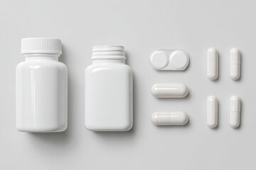 Minimalist Overhead Shot of Two White Pill Bottles and Assorted Capsules on a Neutral Background.