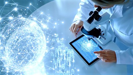 Professional scientist analyzing research data through digital microscope interface, handling precision laboratory vials, representing cutting edge scientific network exploration