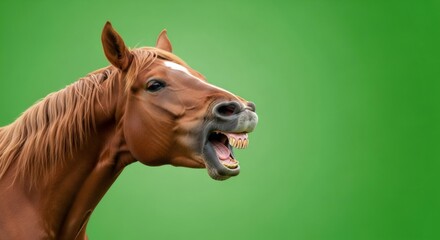 Fototapeta premium Funny brown horse baring teeth with open mouth on green screen. Animal portrait with chromakey background for visual effect.