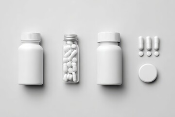 Minimalist Pharmaceutical Still Life - White Pill Bottles and Capsules on Neutral Background.