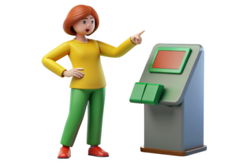 3d cartoon woman pointing at kiosk terminal machine digital interface display screen user isolated on transparent background