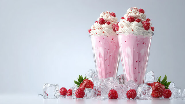 Delicious Pink Raspberry Milkshake with Whipped Cream and Ice Cube Refreshments. Ai Generated Images
