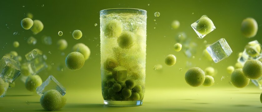 Refreshing green grape drink with ice cubes floating in studio shot on vibrant green background healthy summer beverage concept