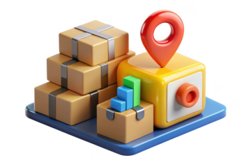3d logistics delivery boxes with location pin and graph icon, e-commerce shipping and tracking concept, cargo and distribution isolated on transparent background