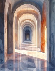 Fototapeta premium Endless Arches - A Watercolor Perspective of Architectural Depth.