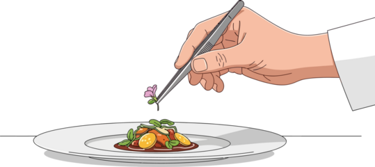 Chef Hand Plating Gourmet Food with Tweezers and Edible Flower Garnish