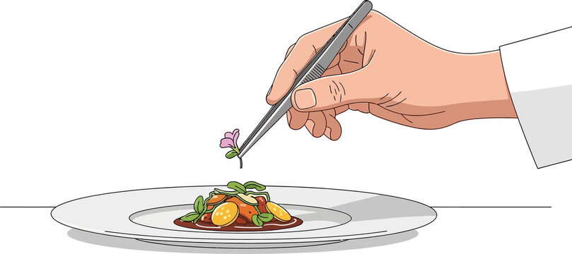 Chef Hand Plating Gourmet Food with Tweezers and Edible Flower Garnish