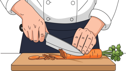 Chef hands cutting fresh carrot with kitchen knife on wooden cutting board, preparing ingredients for a meal.