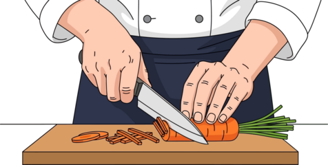 Close-up of chef hands holding a knife and cutting a fresh orange carrot into slices and sticks on a wooden cutting board, preparing ingredients for cooking.