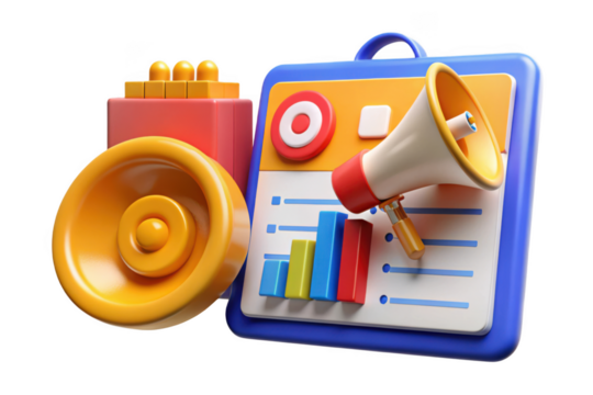 3d marketing strategy, bullhorn, target, chart, and data analysis tools illustration isolated on transparent background
