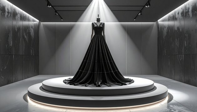 Futuristic fashion display of black evening gown on mannequin under transparent dome, spotlighted in sleek white room with circular lighting, evoking elegance and couture innovation.