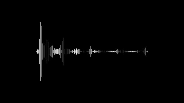 White audio waveform animation. Sound wave visualizer moves on black background. Abstract digital spectrum for music, voice, and sound signal motion in 4K seamless loop.